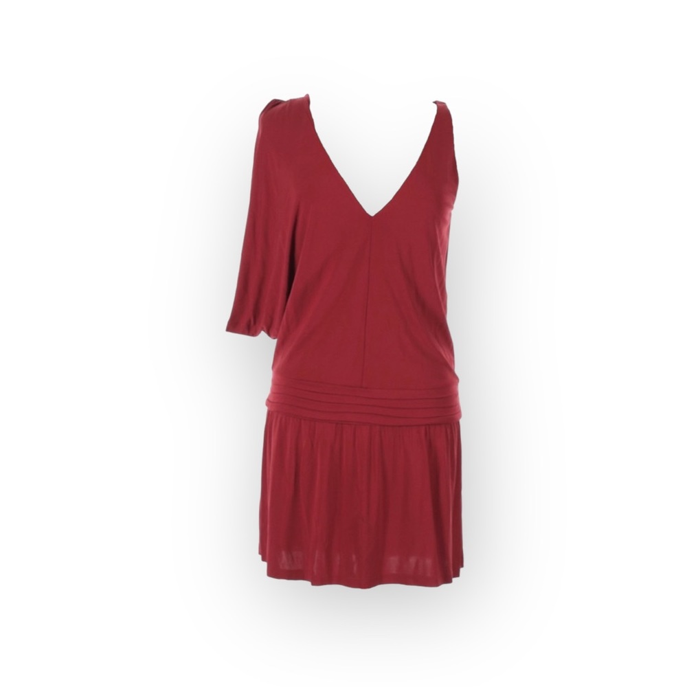new Haute Hippie ᯾ Asymmetrical Shoulders Deep V Mini Dress ᯾ Scarlet Red ᯾ - Picture 13 of 16